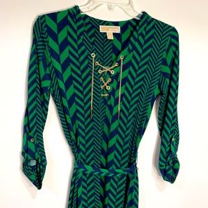 Michael Kors Green Navy chevron dress Gold chain XS